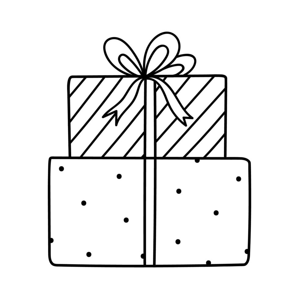 süße Geschenke mit einem festlichen Band mit einer Schleife auf weißem Hintergrund gebunden. handgezeichnete Vektorgrafik im Doodle-Stil. perfekt für Urlaubs- und Weihnachtsdesigns, Karten, Dekorationen, Logos. vektor