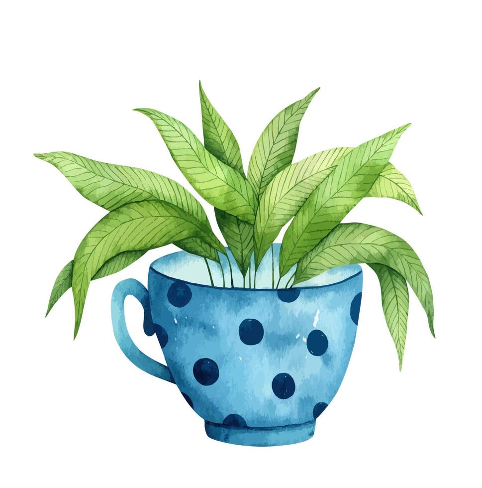 süße blaue Tasse mit einer grünen Pflanze im Inneren isoliert auf weißem Hintergrund. Aquarell von Hand gezeichnete Illustration. Perfekt für Ihr Projekt, Drucke, Karten, Cover, Poster, Dekorationen, Muster, Einladungen. vektor