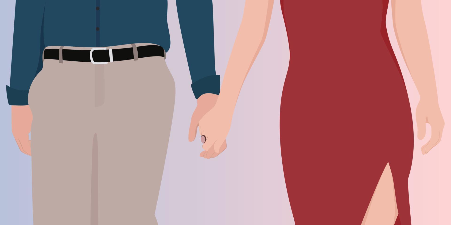 par som håller händerna på blå och rosa färggradient bakgrund, beskuren vektor karaktär illustration av lyckliga paret.