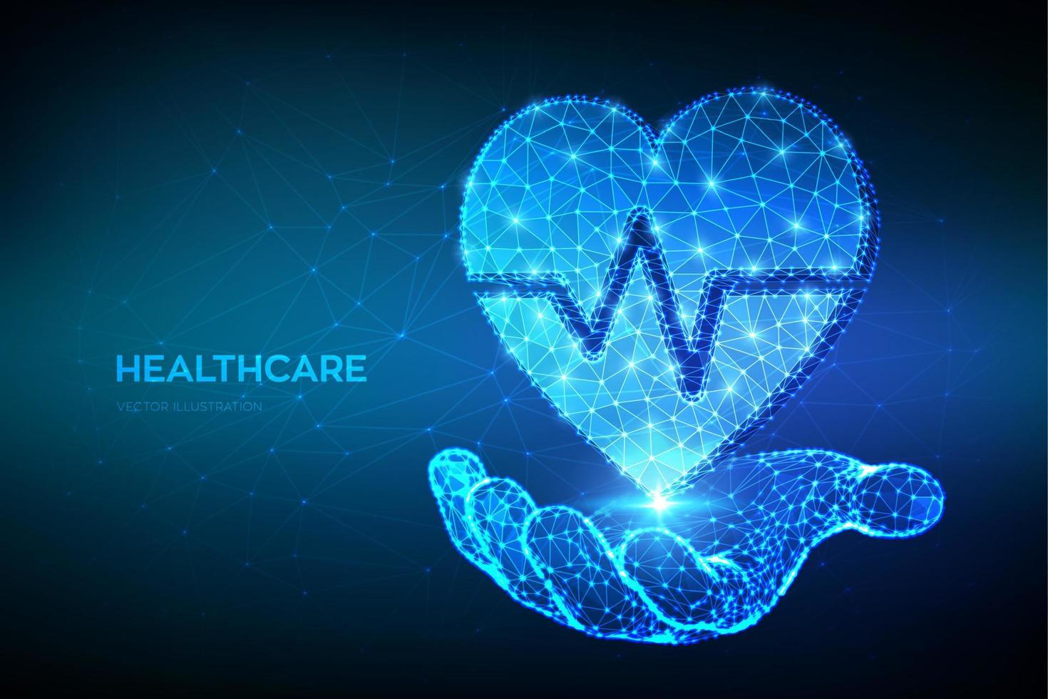 hälsovård, medicin och kardiologi koncept. hjärta ikon med hjärtslag linje i handen. abstrakt lågt månghörnigt hjärta med EKG-linje - symbol för sjukvård, akuttjänst. vektor illustration.
