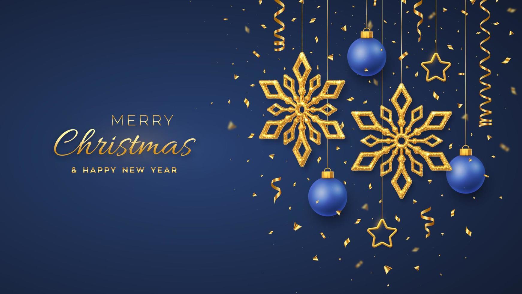 Weihnachtsblauer Hintergrund mit hängenden glänzenden goldenen Schneeflocken, metallischen 3D-Sternen und Kugeln. Frohe Weihnachten Grußkarte. Weihnachts- und Neujahrsplakat, Web-Banner. Vektorillustration. vektor