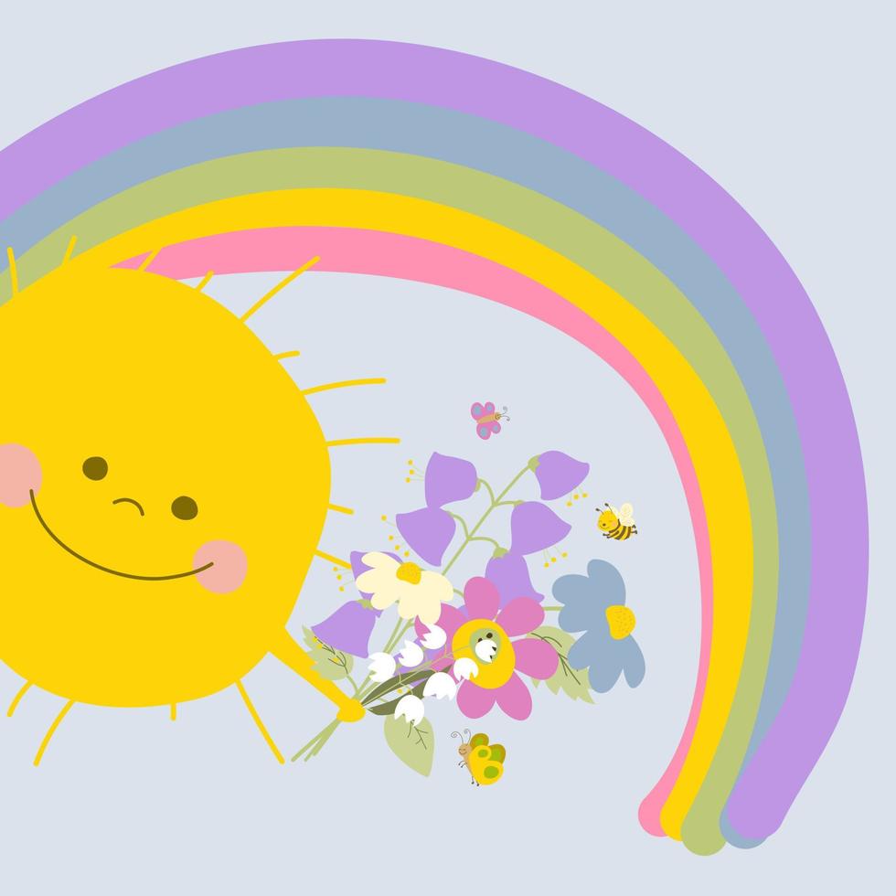 Gelbe süße Sonne mit Frühlingsblumen. Am blauen Himmel ist ein bunter Regenbogen zu sehen. Schmetterlinge und eine Biene fliegen. Cartoon-Stil-Vektor-Illustration. Handzeichnung. für Print, Webdesign vektor