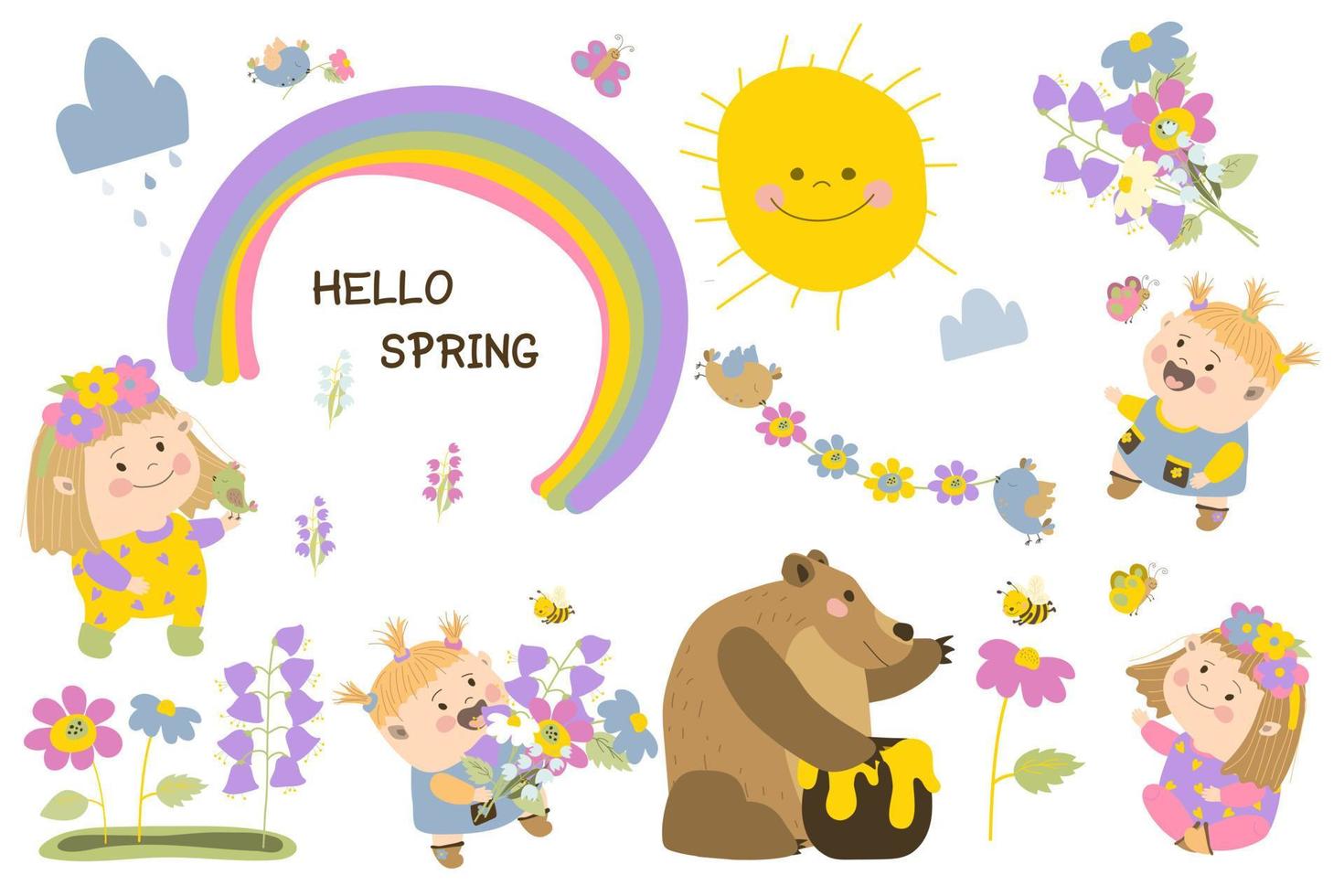våren på en vit bakgrund. söta små flickor med blommor. brunbjörn som äter honung. vektor illustration i tecknad stil. handritning. för tryck, webbdesign