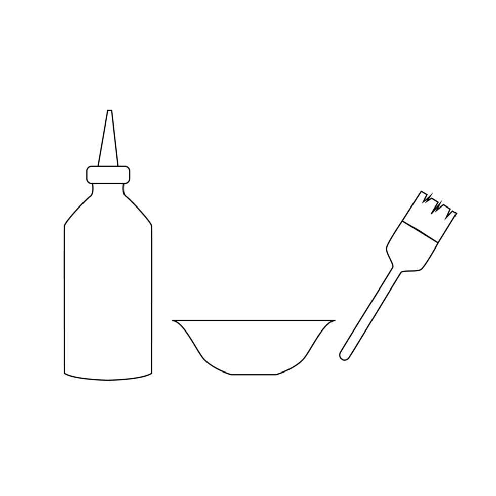 Haarfärbeset mit Haarfärbetube, Mischbehälter und Pinsel. Friseur Werkzeug Umriss isoliertes Symbol vektor