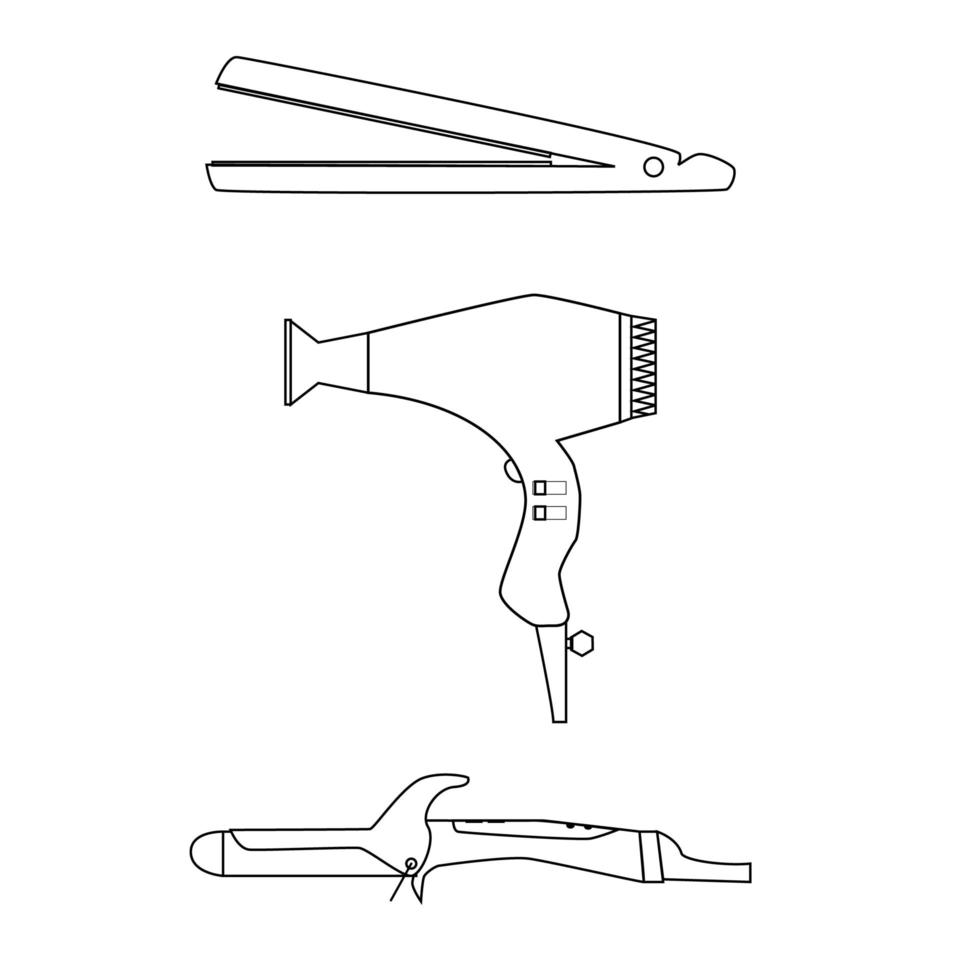 Frisurenset mit Glätteisen, Lockenstab und Fön. Friseur Werkzeug Umriss isoliertes Symbol vektor