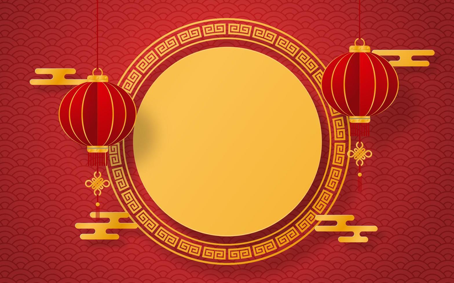 chinesische Neujahrspostkarte mit chinesischem Kreisrahmen und Laterne vektor