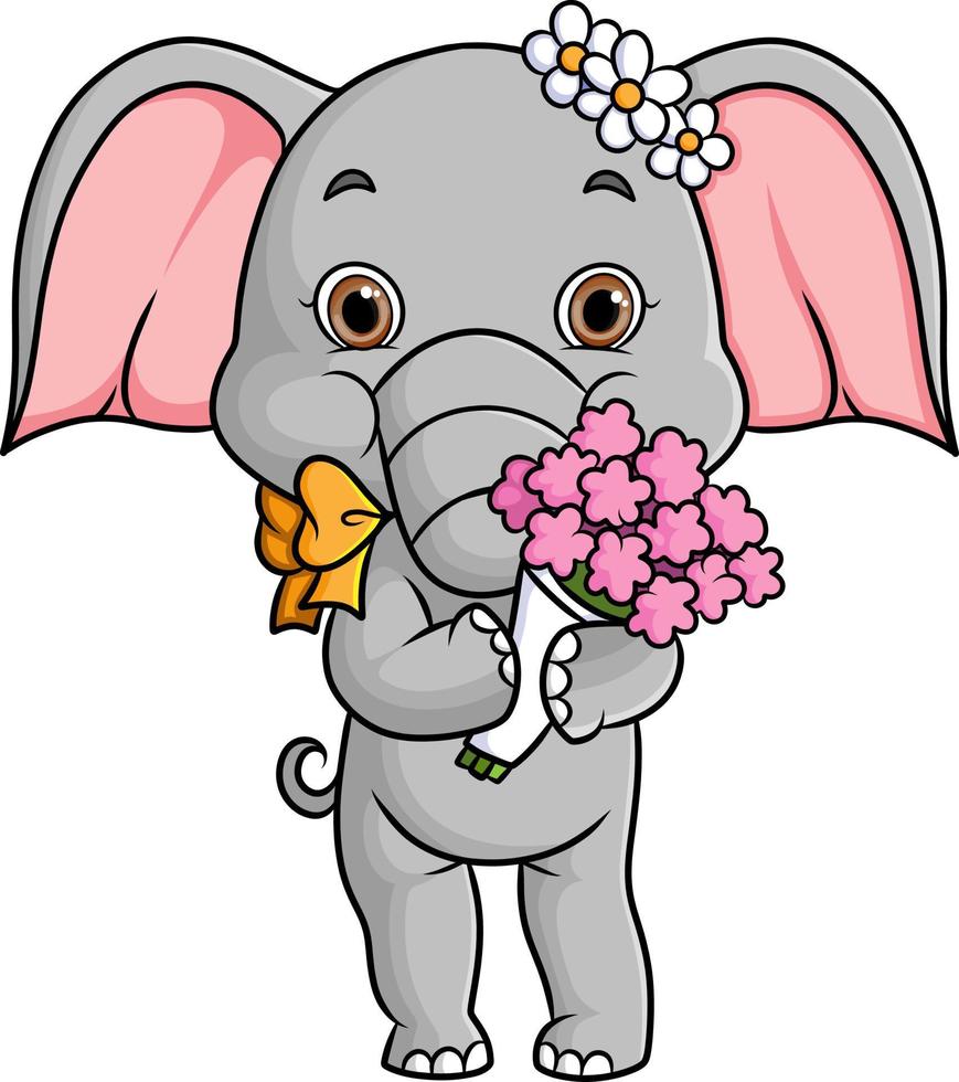 Der süße Elefant hält einen Blumenstrauß in der Hand vektor
