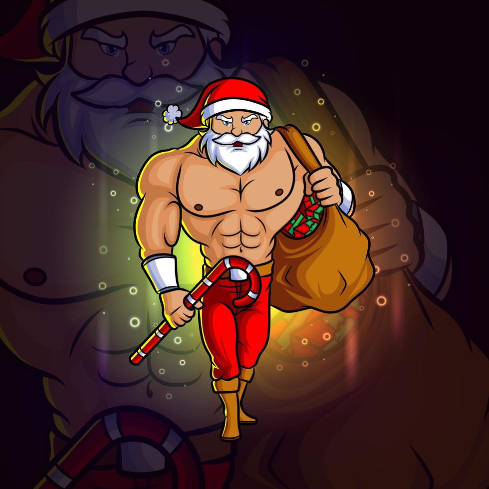 der coole weihnachtsmann mit einem sack voller geschenk esport maskottchen design- vektor