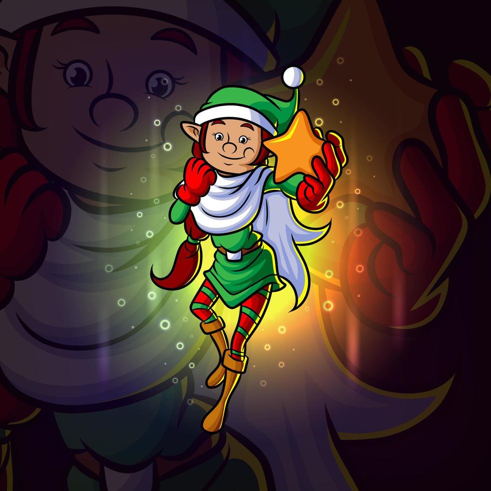 elf santa girl håller den ljusa stjärnan esport maskotdesign vektor