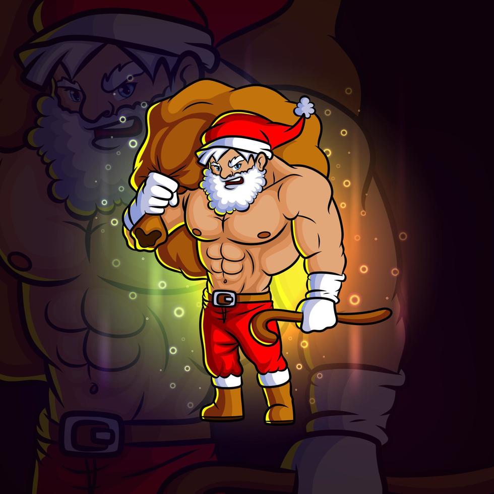 Der junge Weihnachtsmann mit einem Sack voller Geschenk-Esport-Logo-Design vektor