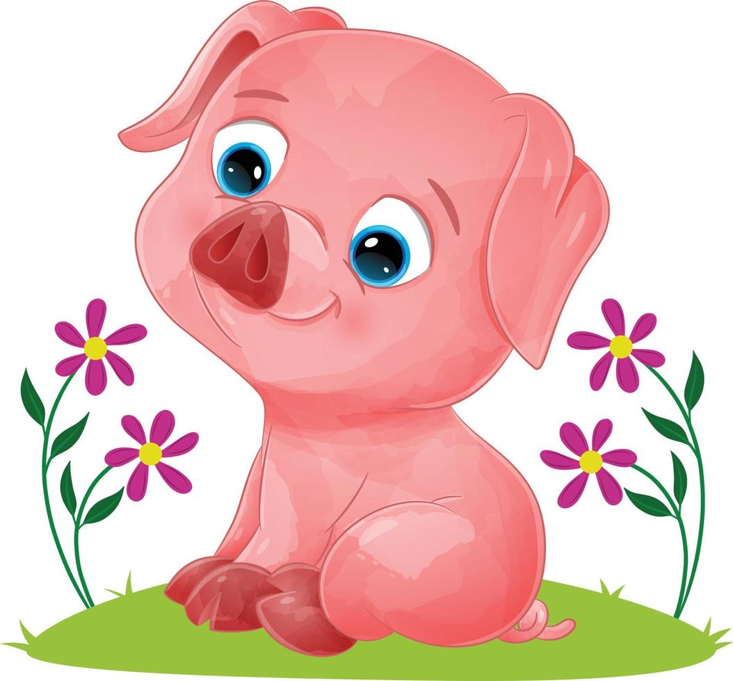 das kleine bunte Schwein sitzt und lächelt im Garten vektor