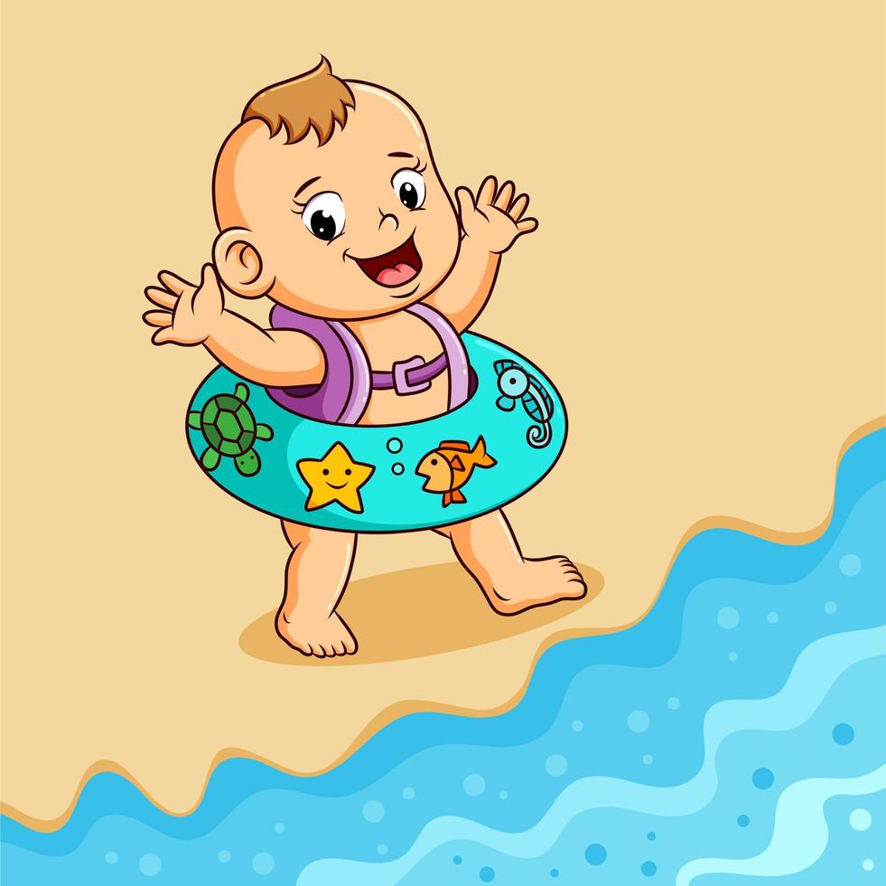 bebisen går på stranden med det söta däcket vektor