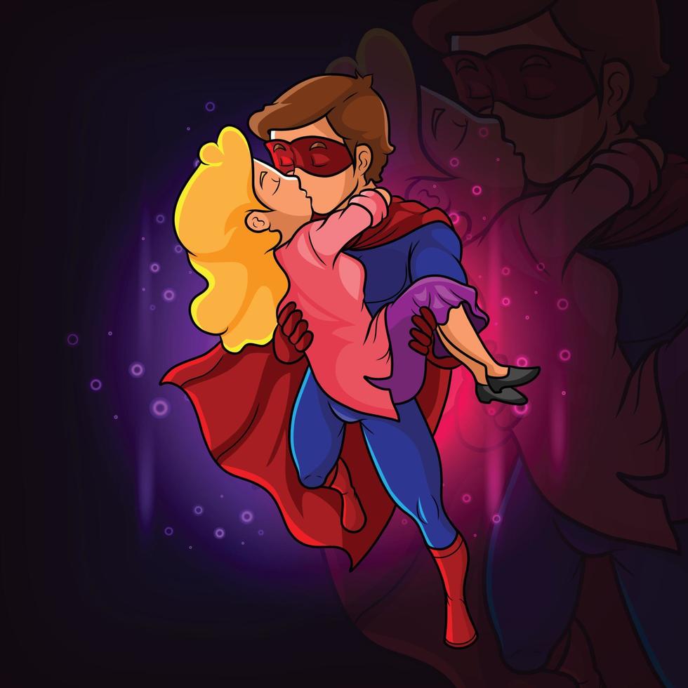 der Superheld hält das Mädchen und küsst vektor