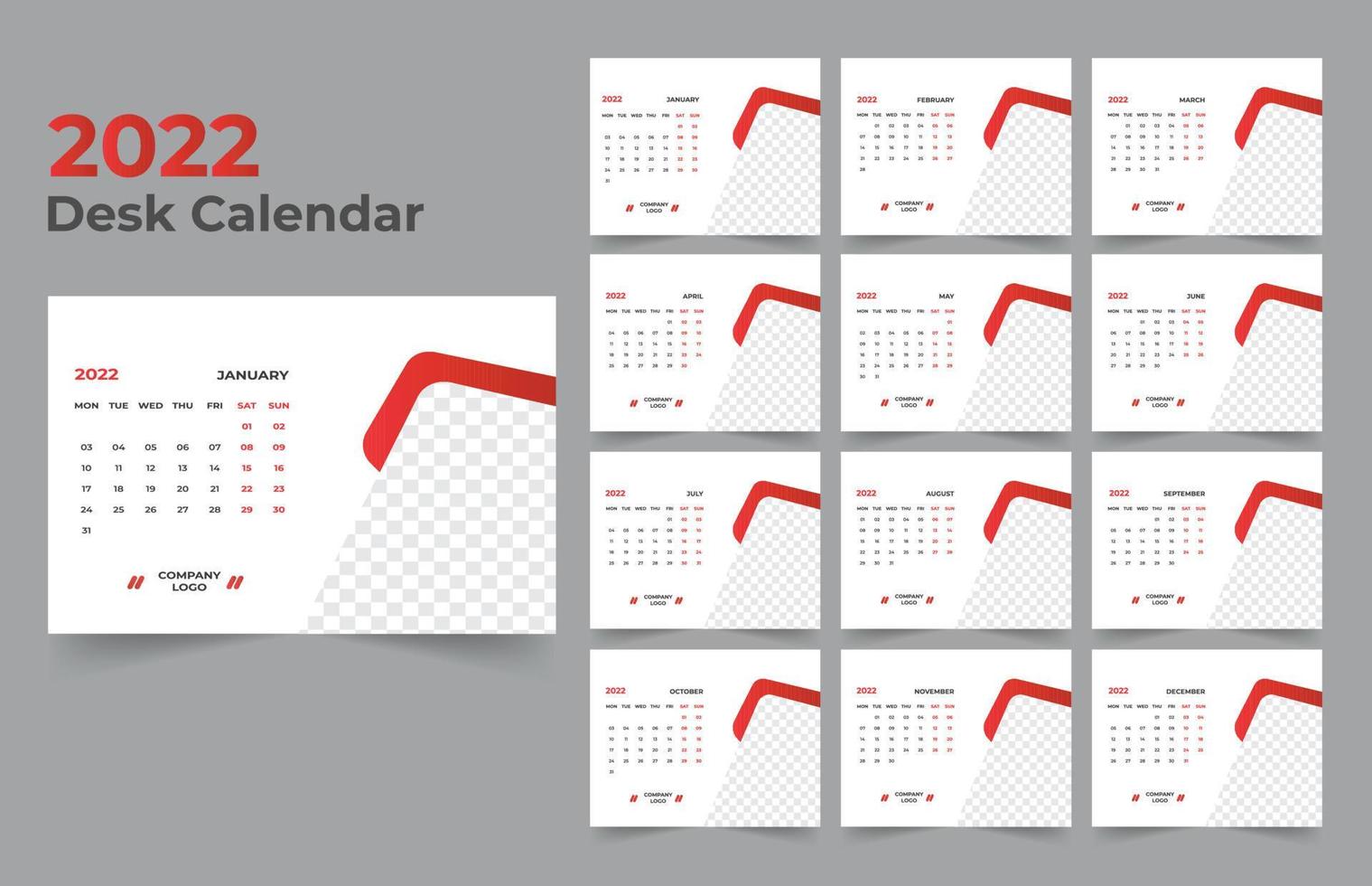 skrivbord kalender mall. veckan börjar måndag på söndag. set om 12 månader. vektor