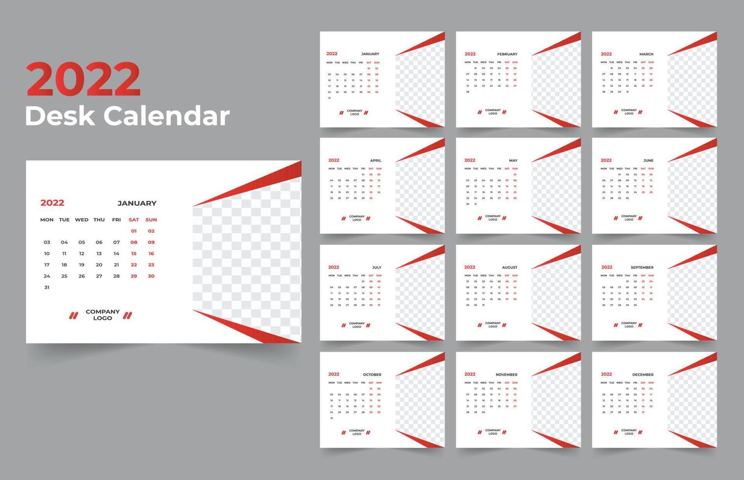 skrivbord kalender mall. veckan börjar måndag på söndag. set om 12 månader. vektor