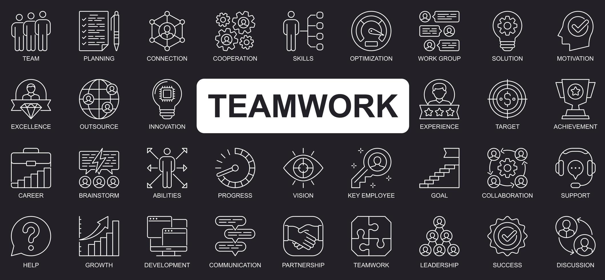 lagarbete koncept enkel linje ikoner set. paket av team, planering, koppling, samarbete, optimering, brainstorm, prestation och annat. vektor pack kontur symboler för webbplats eller mobil app design