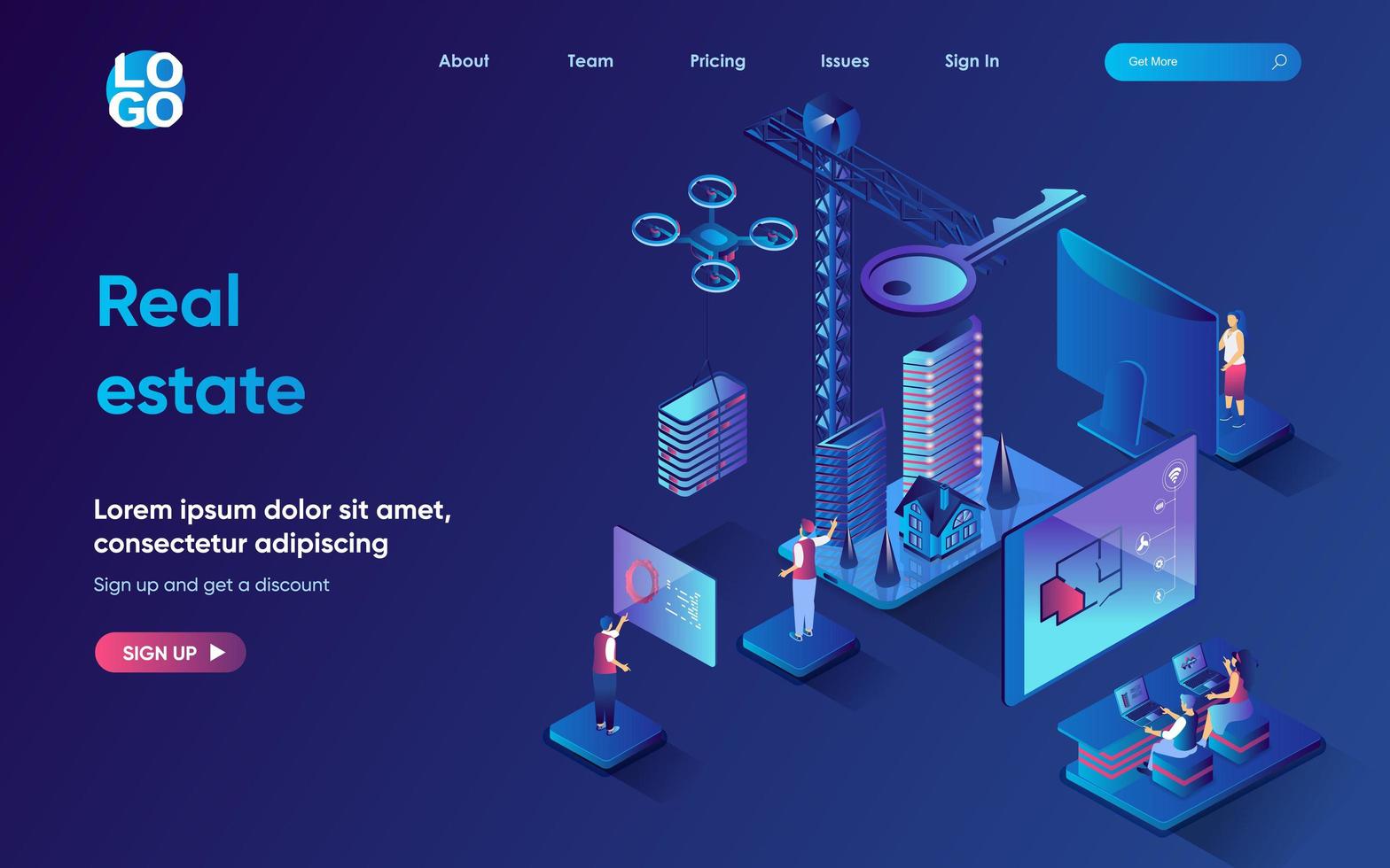 isometrische zielseite des immobilienkonzepts. Bauunternehmen entwickelt Hauspläne und Gebäude, kauft neue Wohnungen, 3D-Webbanner-Vorlage. Vektor-Illustration mit Menschenszene im flachen Design vektor