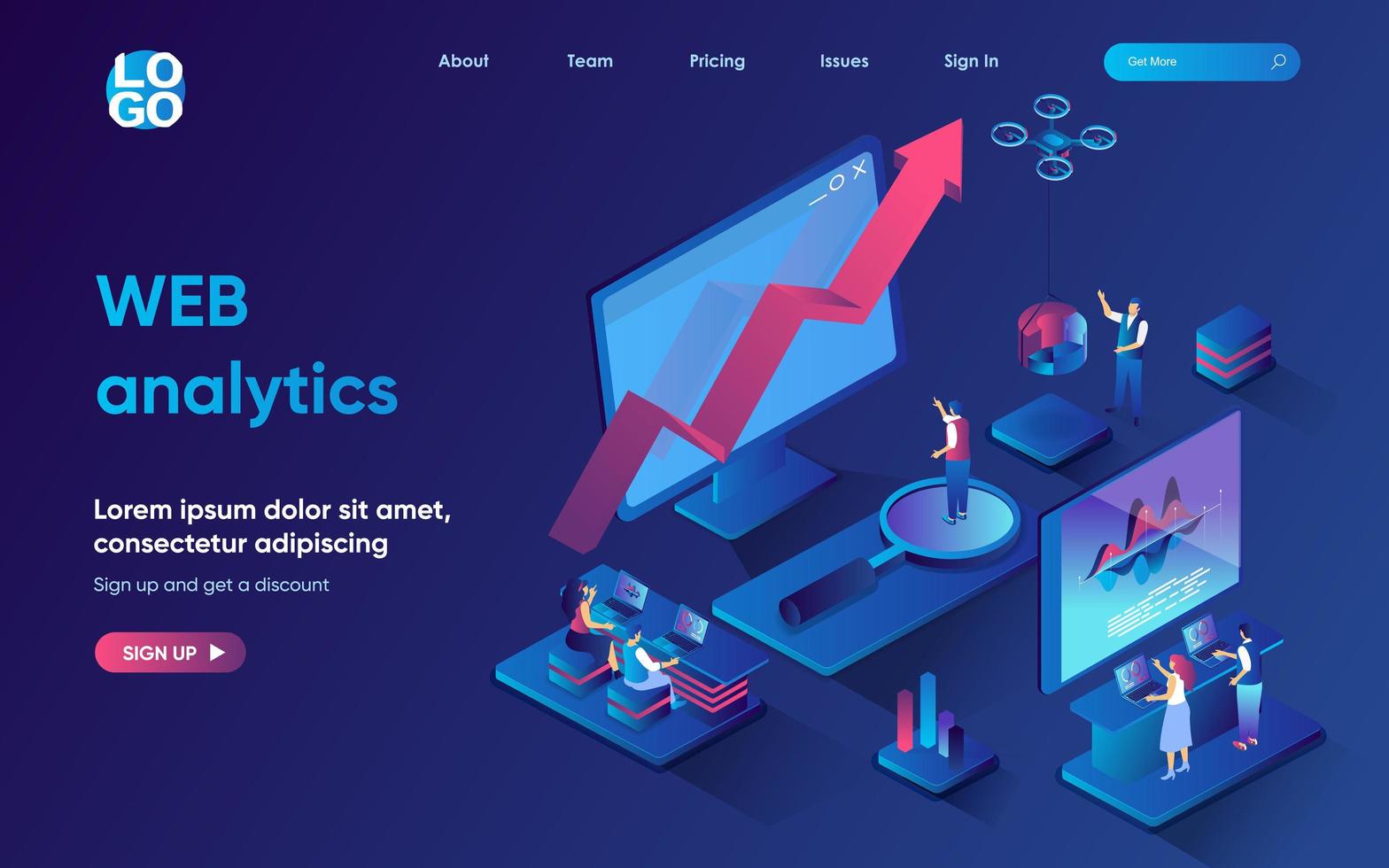 webbanalys koncept isometrisk målsida. team som studerar affärsdata vid graf och diagram, dataanalystjänst, 3d-webbannermall. vektor illustration med människor scen i platt design