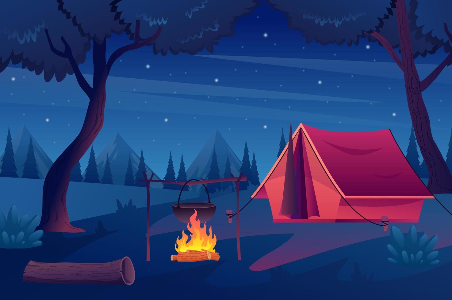 Trekking mit Zelt im Waldkonzept im flachen Cartoon-Design. Nachtszene im Wald, Sternenhimmel, Campingplatz und Kamin, Berge am Horizont. Sommerwandern im Freien. Vektorillustrationshintergrund vektor