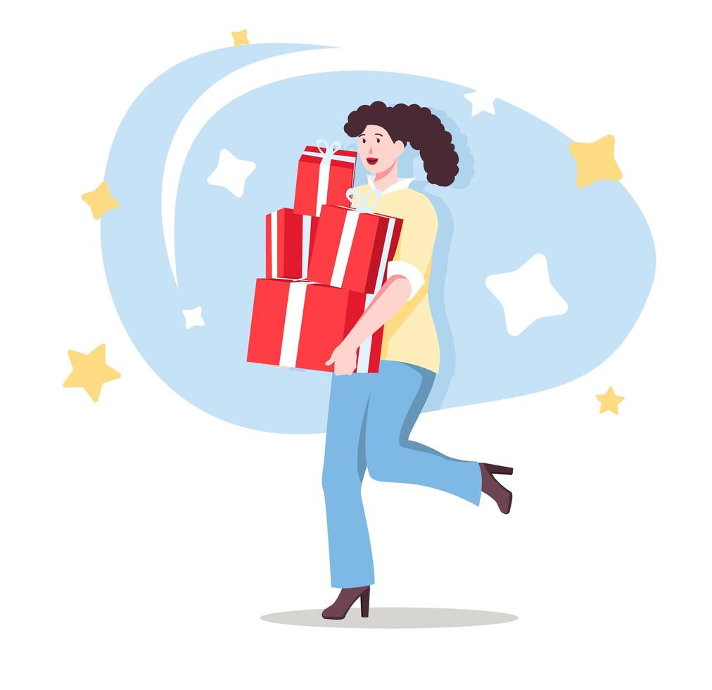 Frau, die Geschenke flaches Charakterkonzept für Webdesign gibt. junges Mädchen, das rote Geschenkboxen hält, Geschenke zum Feiern, moderne Menschenszene. Vektorillustration für Werbematerialien für soziale Medien. vektor