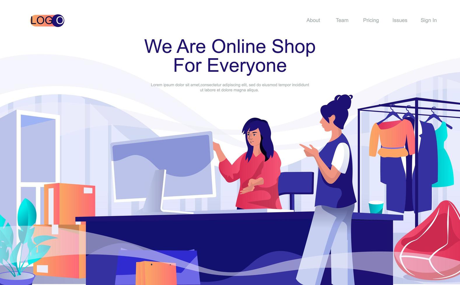 onlinebutik koncept isometrisk målsida. människor som gör inköp i klädaffär, kvinnor som handlar på internet vid dator, 3d webberoll. vektorillustration i platt design för webbplatsmall vektor