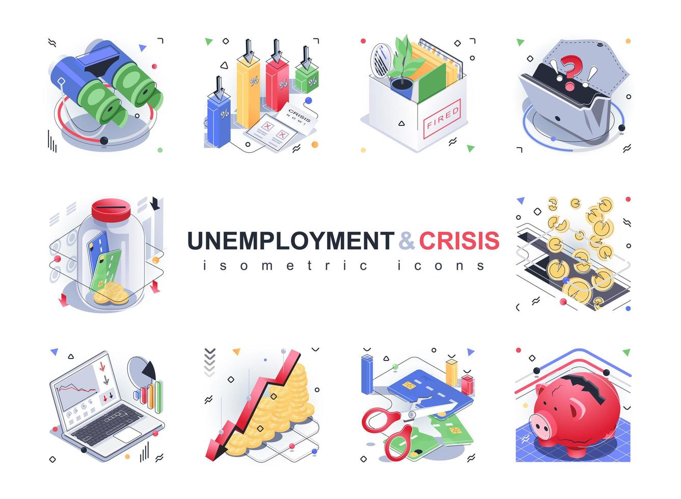 arbetslöshet och kris isometriska ikoner set. förlust av jobb, uppsägning, söker nytt jobb, förlust av pengar och besparingar, konkurs, 3d isometri isolerat pack. vektor illustration isometriska element
