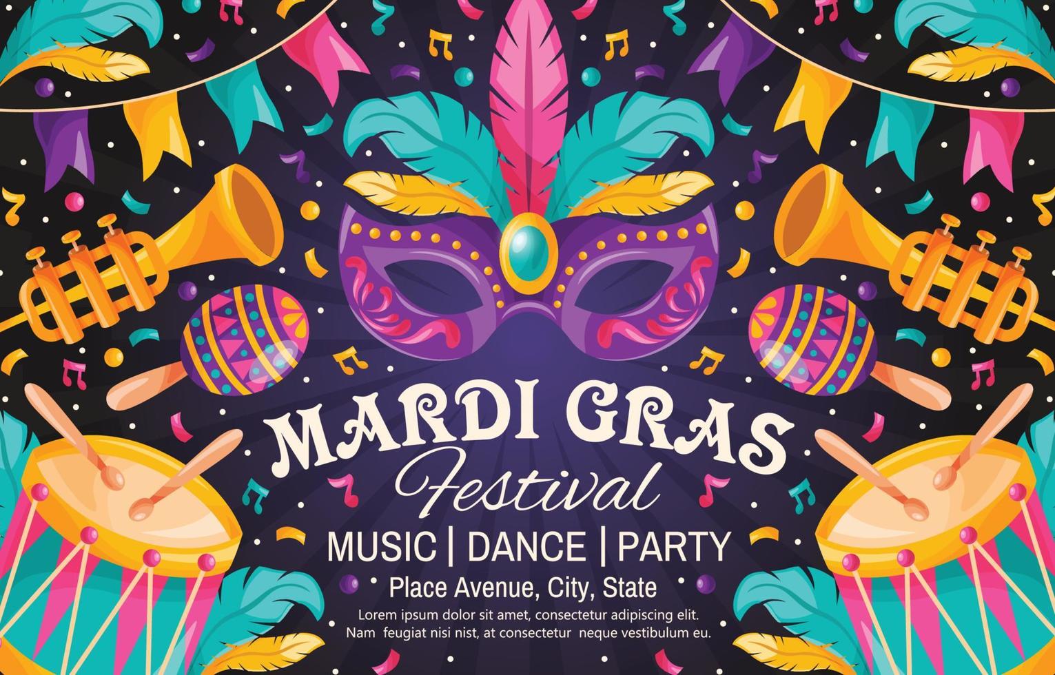 mardi gras karneval musikfestival färgglada doodle affisch vektor