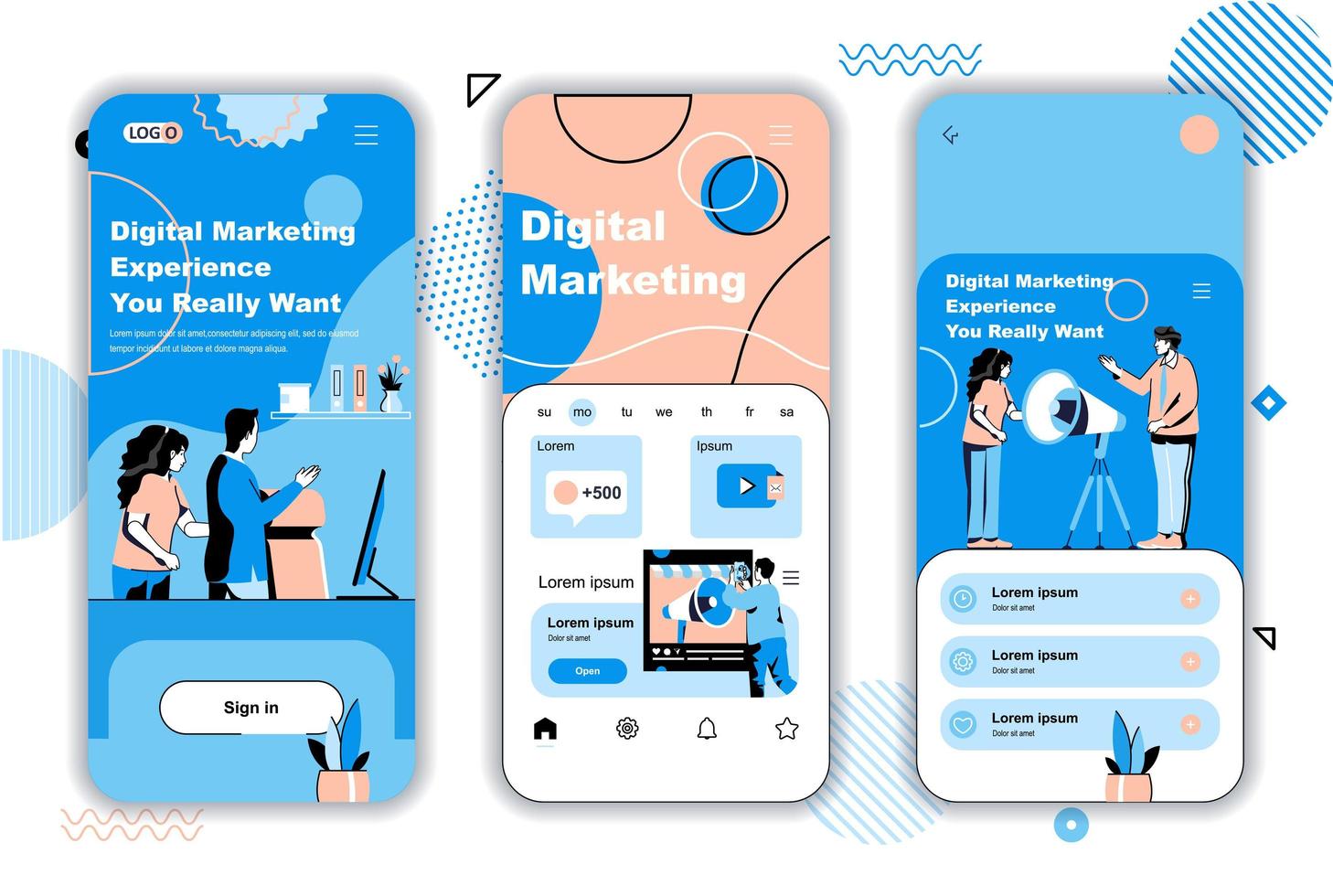 Onboarding-Bildschirme für das digitale Marketingkonzept für mobile App-Vorlagen. Content-Management, Werbekampagne. ui, ux, gui-Benutzeroberflächen-Kit mit Personenszenen für das Webdesign. Vektor-Illustration vektor