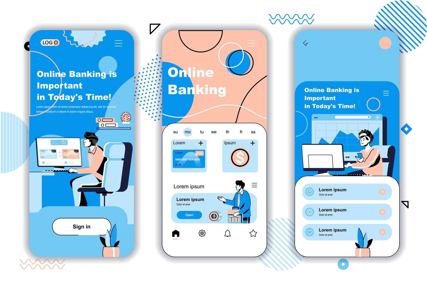 onlinebankkoncept introduktionsskärmar för mobilappsmallar. finansiella transaktioner på bankens webbplats. ui, ux, gui användargränssnitt kit med människor scener för webbdesign. vektor illustration