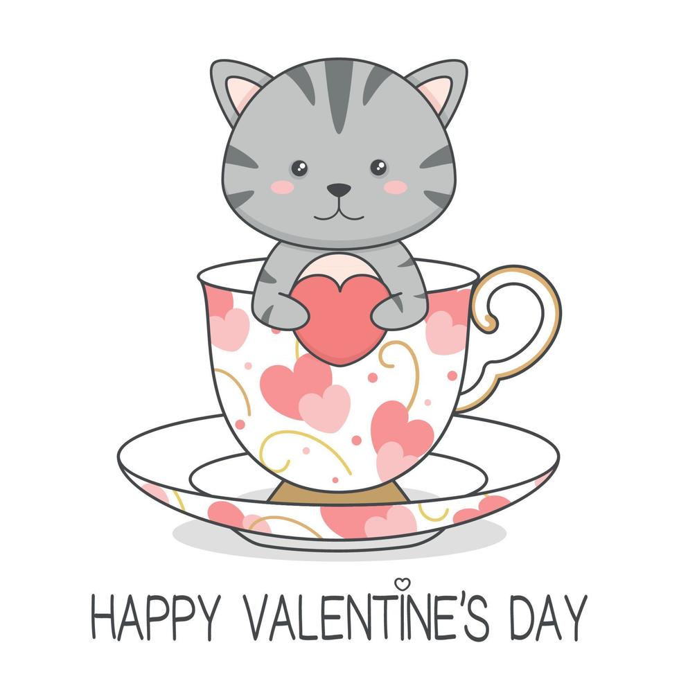 süße valentinstag kitty katze in einer tasse vektor