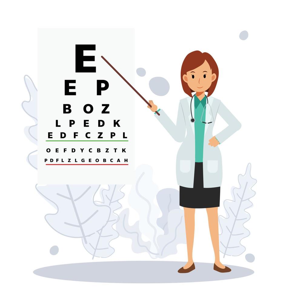 Augenheilkunde und Augenarztkonzept. Ärztin Augenärztin, die Sehtest mit Diagramm macht. flache Vektorgrafik 2D-Cartoon-Charakter vektor