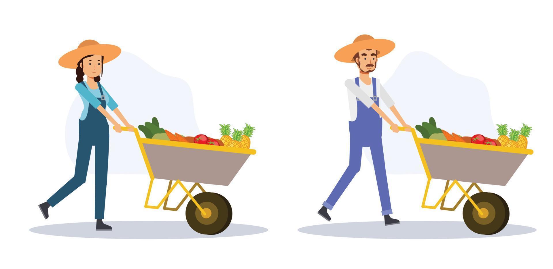 jordbruk koncept, skörd. uppsättning av en glad bonde använder grönsak cart.flat vektor 2d seriefigur illustration.