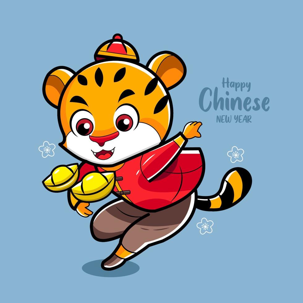 niedliche Tiger und chinesische Goldkarikaturillustration kostenloser Download vektor