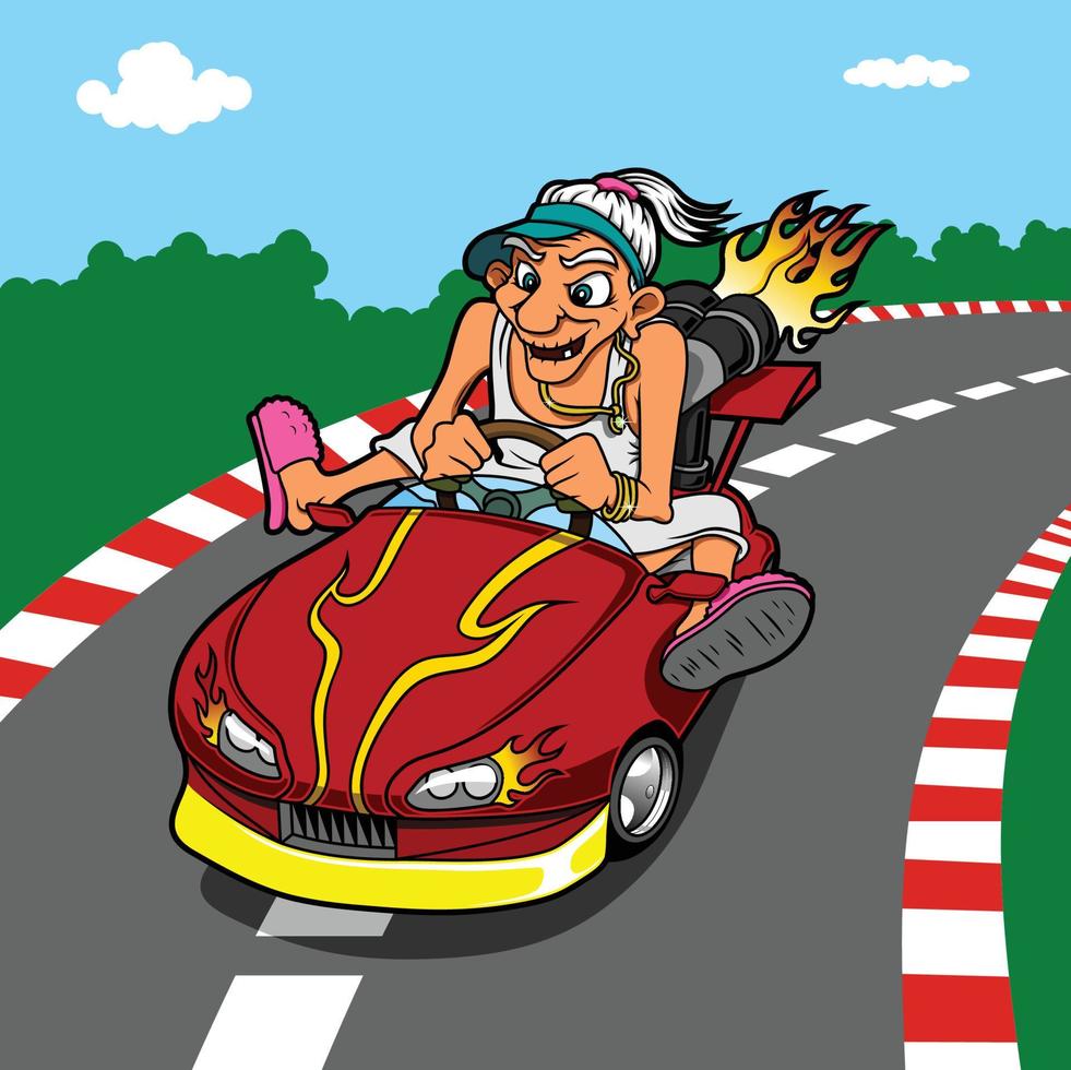 Illustration eines Mannes, der glücklich aus seinem Rennwagen winkt vektor