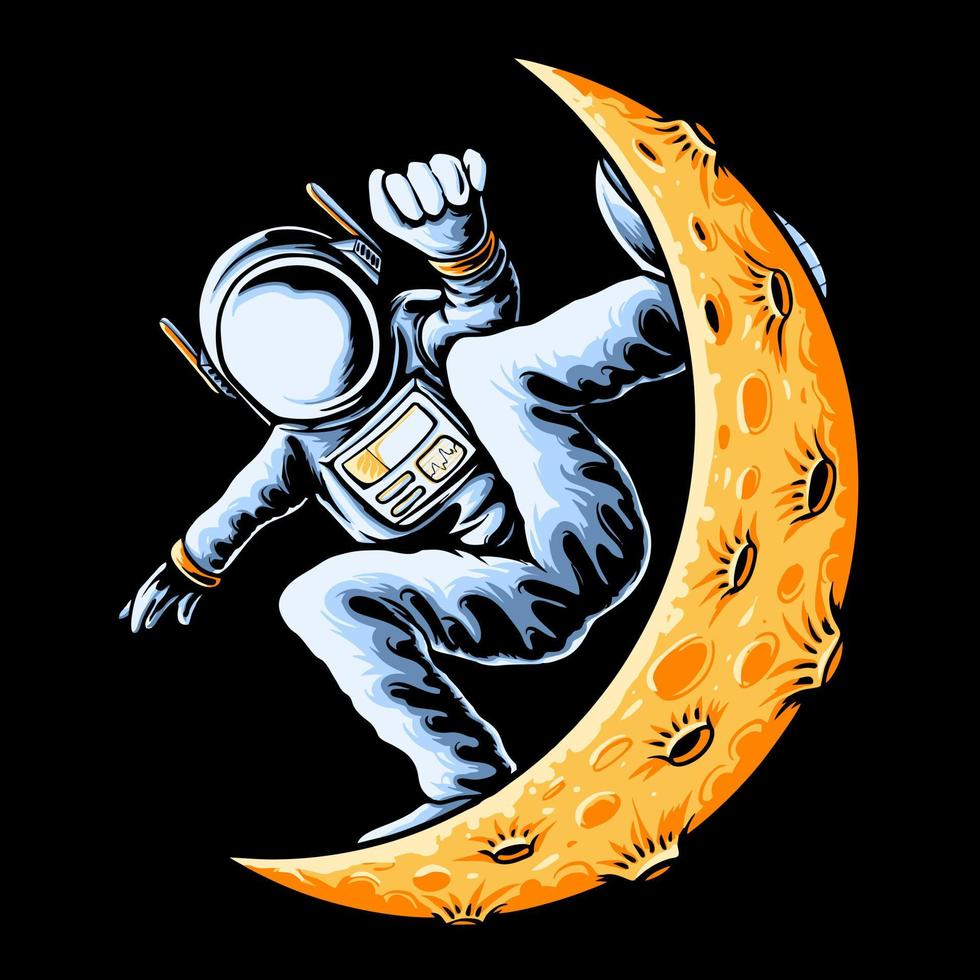 Astronaut Galaxie Skate auf Mondsichel-Vektor-Illustration vektor