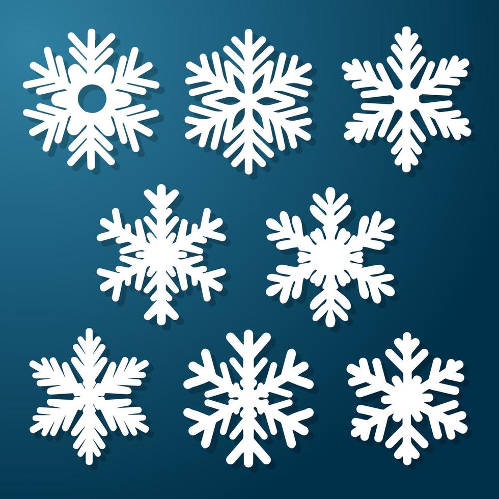 uppsättning vita snöflingor på en blå bakgrund. dekorativa föremål för jul, nyår. festlig dekoration. vektor illustration.