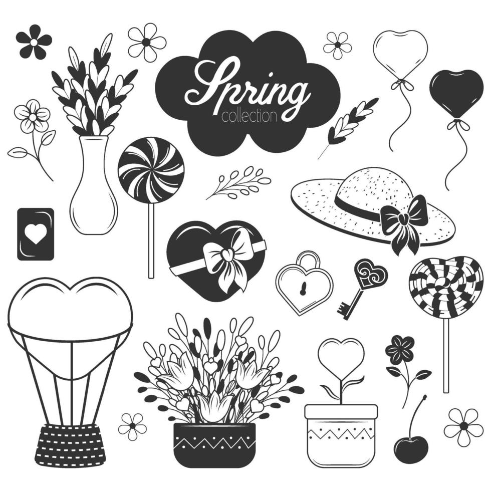 süße Frühlings-Monochrom-Kollektion. Luftballon, Blumen, Schlüssel, Lolly Pop, Herz, Buchstaben. romantische schwarze Objekte, Cartoon-Stil. Vektor-Illustration. isoliert auf weiß. vektor