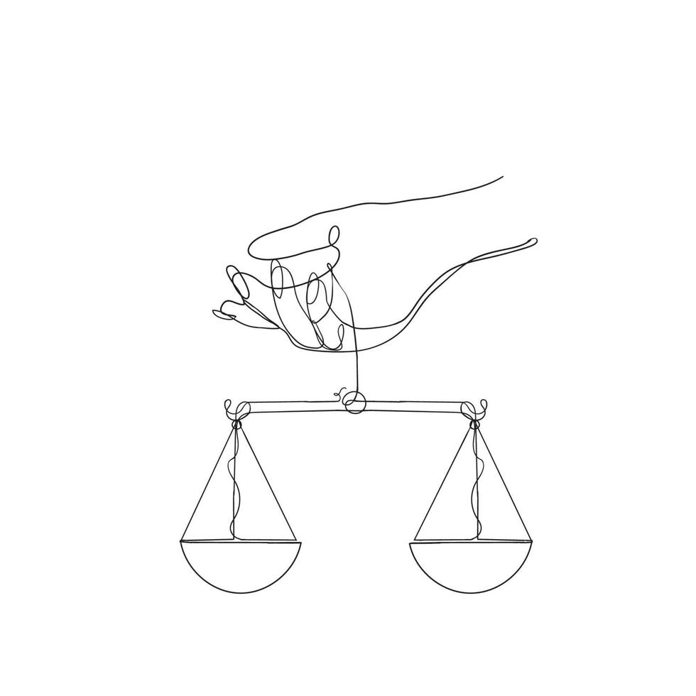 handgezeichnete Hand mit Gewichtsskala-Symbol für den Welttag der sozialen Gerechtigkeit in durchgehender Strichzeichnung vektor