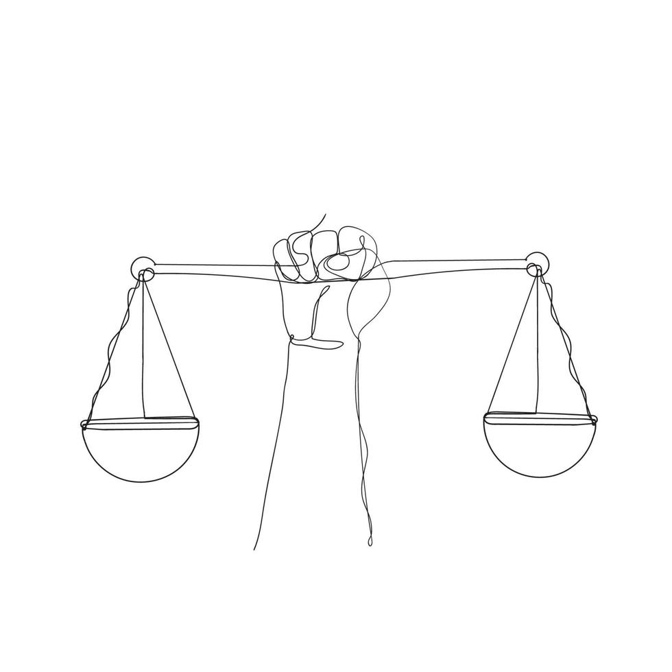 handritad hand som håller viktvågssymbol för världsdagen för social rättvisa i kontinuerlig linjeteckning vektor