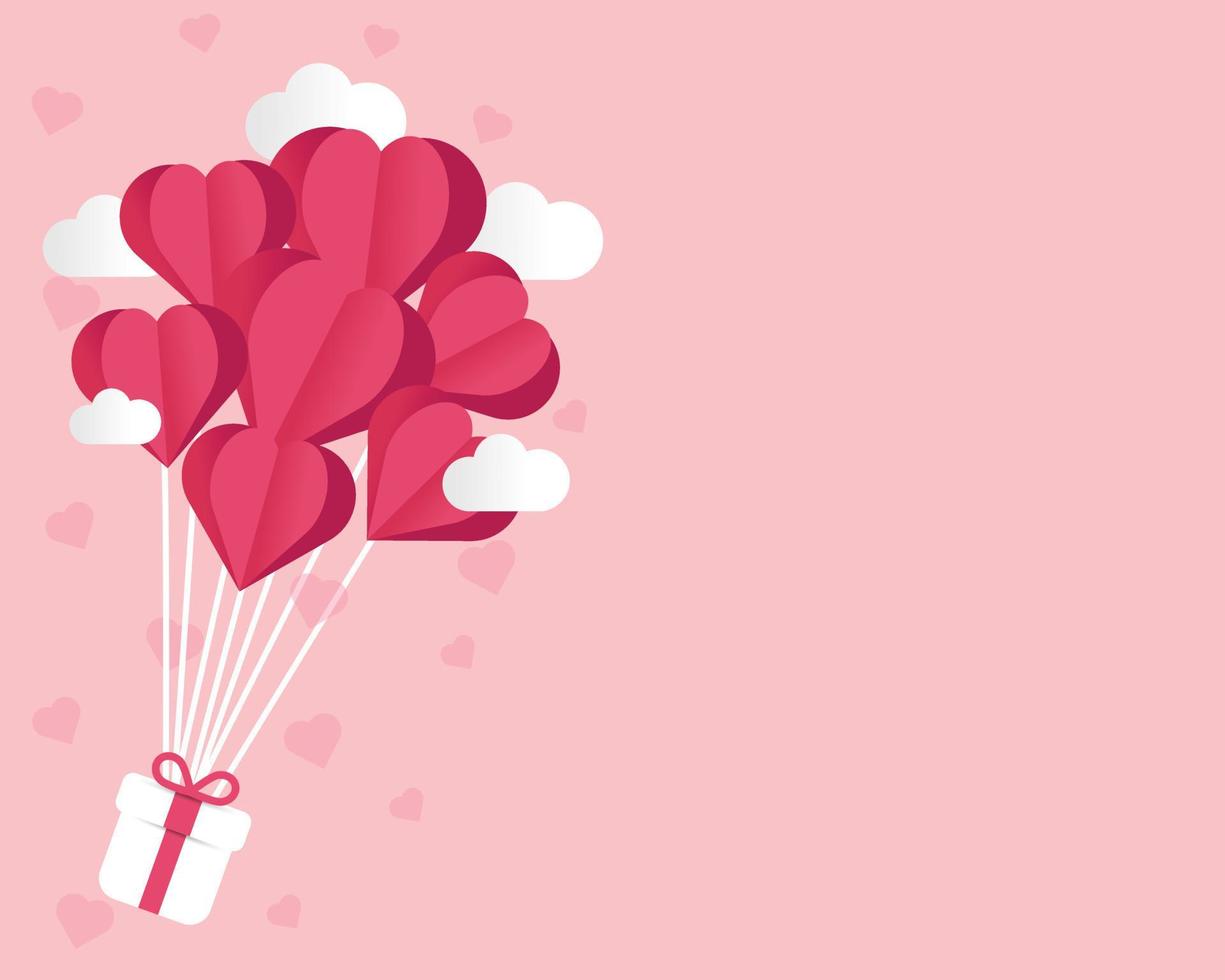 illustration av presentförpackning med hjärta ballong flytande det himlen på rosa bakgrund. glad alla hjärtans dag banner. papper skär konst stil. vektor