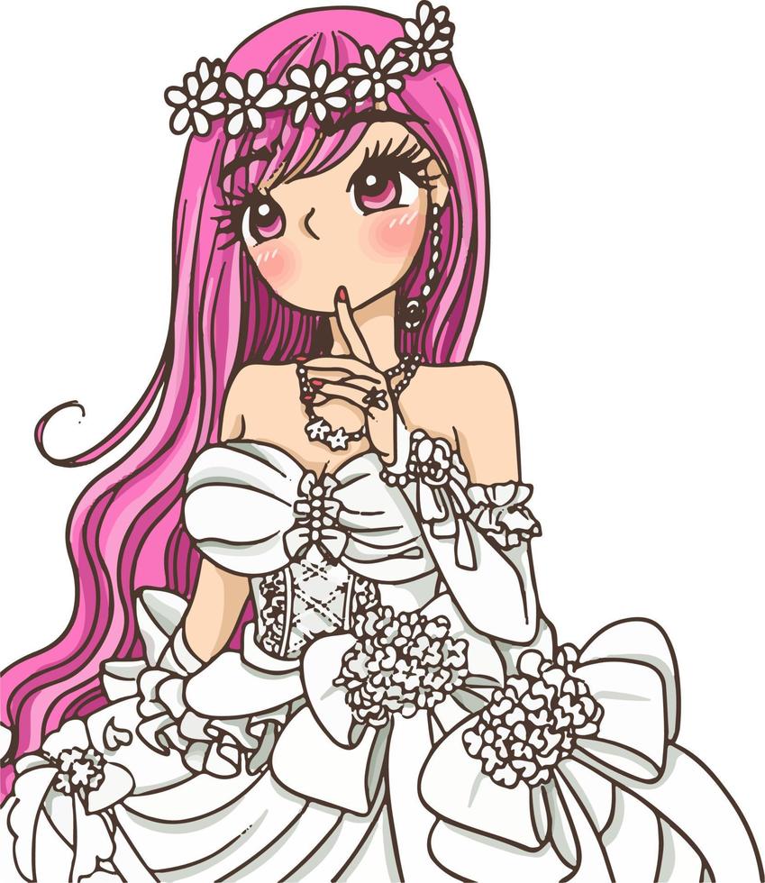 tecknad prinsessa söt bröllopsklänning kawaii vektor
