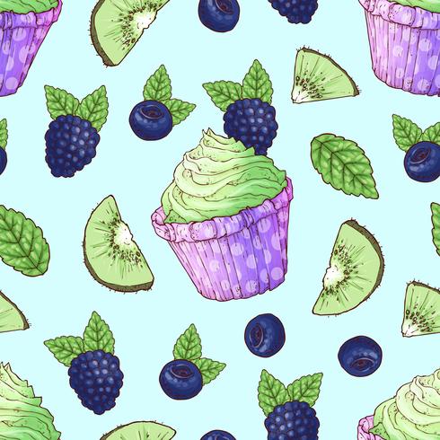 Seamless mönster cupcake blackberry blåbär kiwi. Handritning vektor illustration