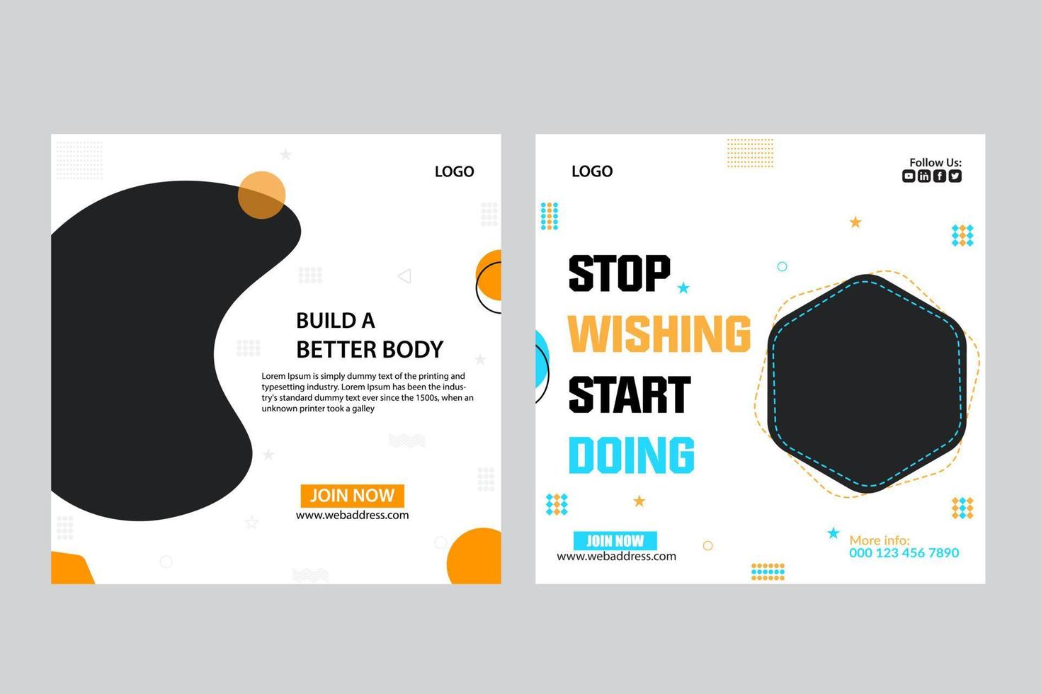 Fitnessstudio und Fitness Social Media Post Template Design kostenloser Vektor