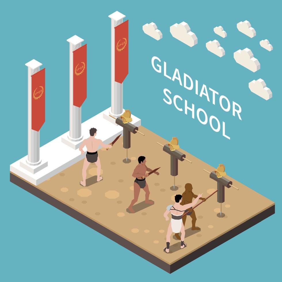 gladiator skola isometrisk bakgrund vektor