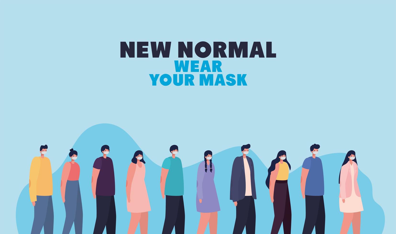 nya normala bär din mask bokstäver och uppsättning av tillfälliga människor med säkerhetsmask vektor