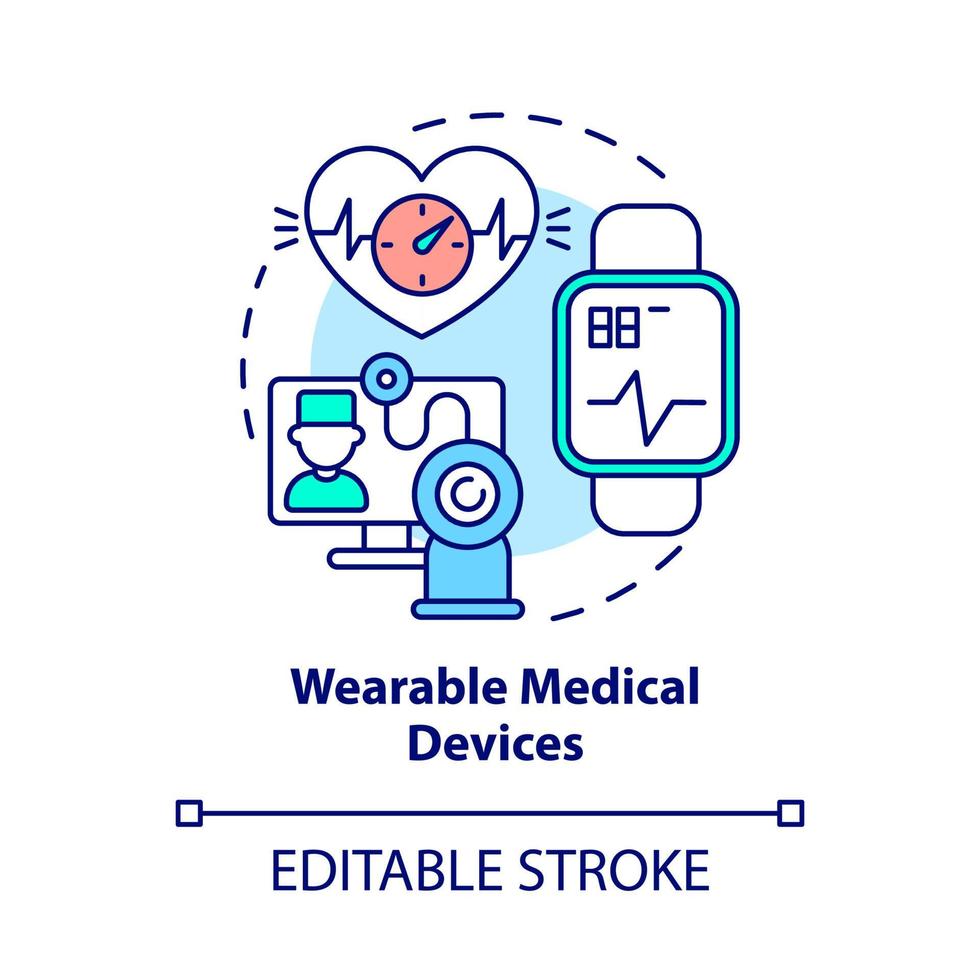 Konzeptsymbol für tragbare medizinische Geräte. Patientenzustandsüberwachung mit digitalen Werkzeugen abstrakte Idee dünne Linie Illustration. Vektor isolierte Umriss-Farbzeichnung. bearbeitbarer Strich