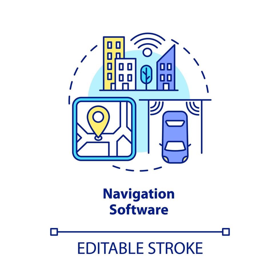 Symbol für das Konzept der Navigationssoftware. öffentliche Verkehrsmittel. Digitalisierung des Verkehrssystems abstrakte Idee dünne Linie Illustration. Vektor isolierte Umriss-Farbzeichnung. bearbeitbarer Strich