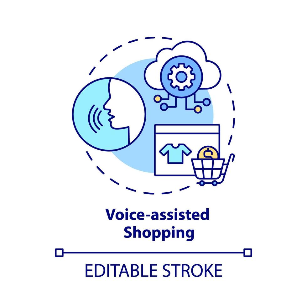 röstassisterad shopping konceptikon. kunders digitala support. online köp tjänst abstrakt idé tunn linje illustration. vektor isolerade kontur färgritning. redigerbar linje