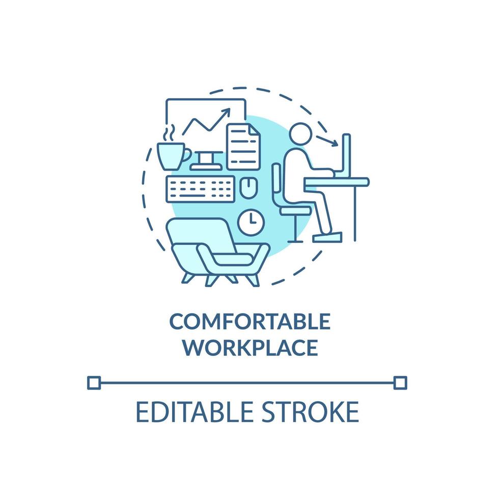 bekväm arbetsplats blå konceptikon. anställda förmåner abstrakt idé tunn linje illustration. arbetsmiljö. arbetsförmåner. vektor isolerade kontur färgritning. redigerbar linje