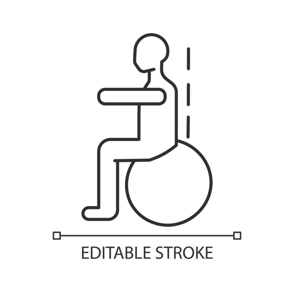 Gymnastikball trainiert lineares Symbol. Skoliose-Prävention. Rumpf- und Rückenstärkung. Therapieball. dünne Linie anpassbare Illustration. Kontursymbol. Vektor isolierte Umrisszeichnung. bearbeitbarer Strich